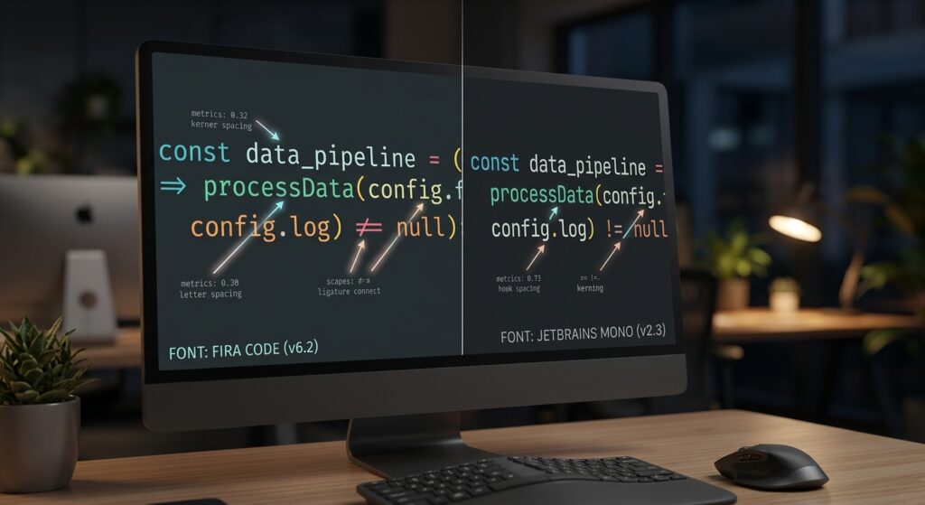 Side-by-side comparison of the best coding fonts tested for readability and ligatures