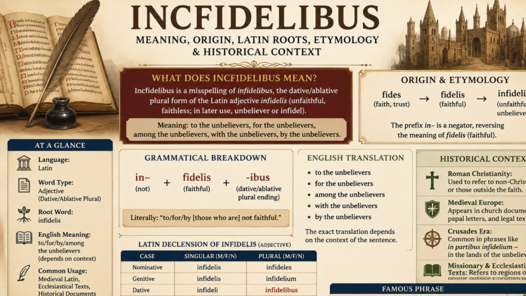 Incfidelibus meaning with Latin roots, etymology, grammar, and historical context illustrated in a manuscript-style graphic.