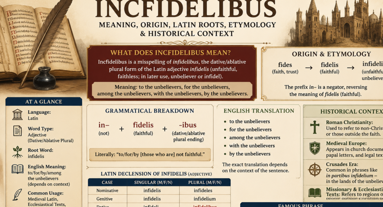 Incfidelibus meaning with Latin roots, etymology, grammar, and historical context illustrated in a manuscript-style graphic.
