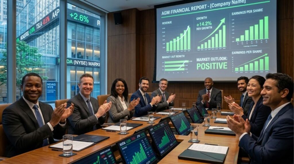 Growth Enterprises Market leaders reviewing financial growth