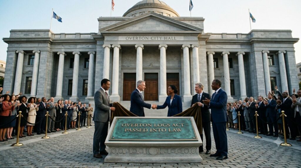 Government officials celebrate the passing of the Overtona Logs Act outside a city hall while supporters applaud the policy decision.