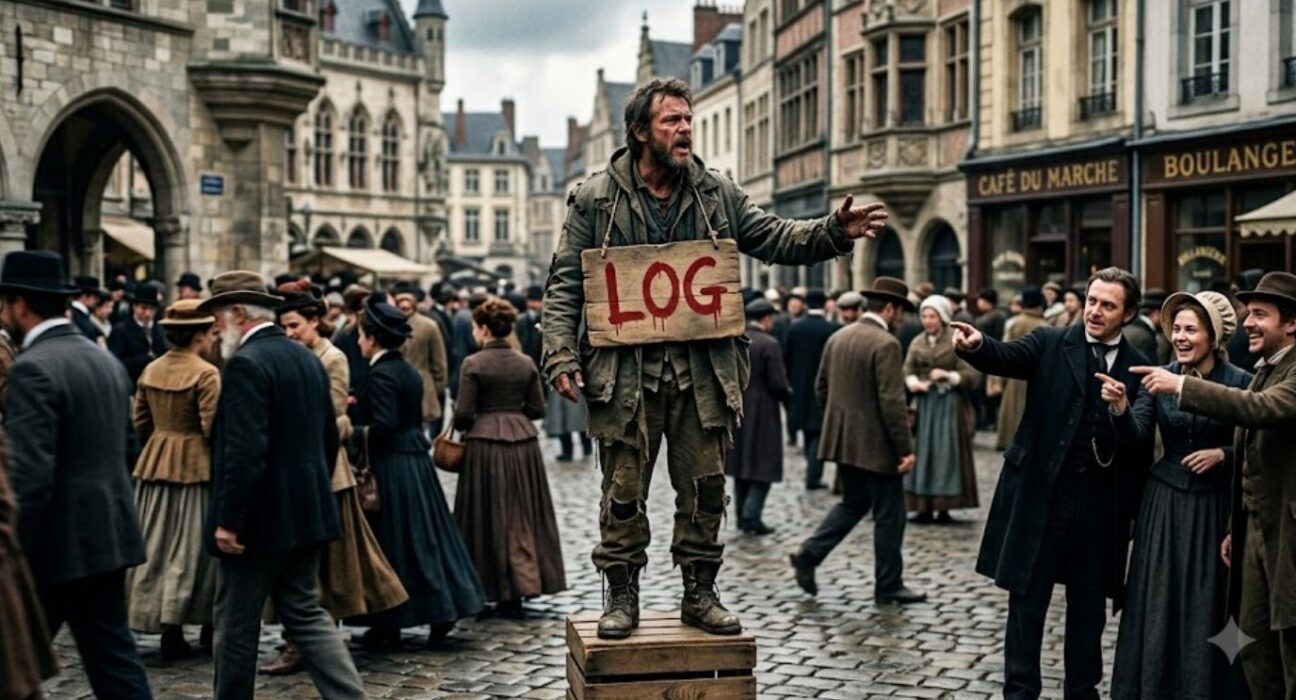 A man wearing a cardboard sign labeled "LOG" stands on a wooden crate in a busy historic town square while speaking to a crowd as nearby people point and react.