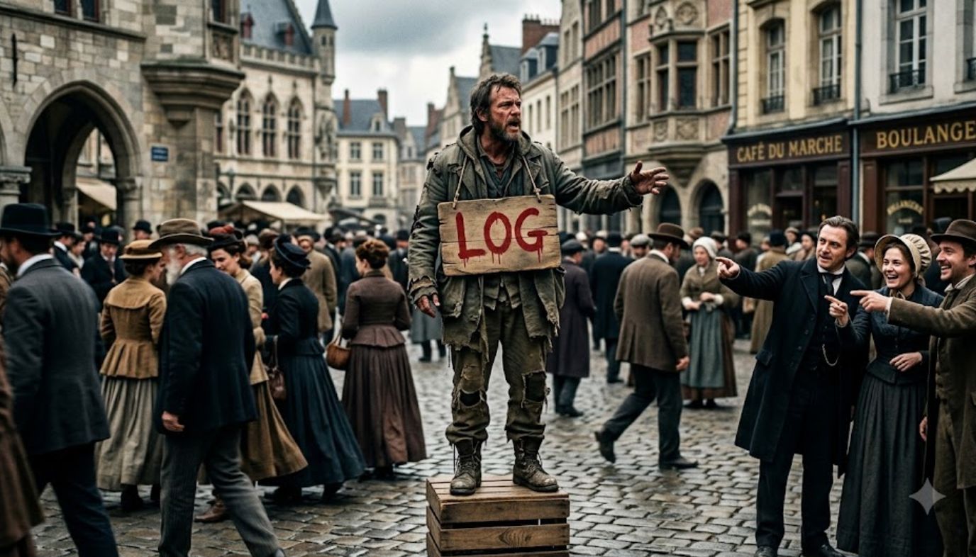 A man wearing a cardboard sign labeled "LOG" stands on a wooden crate in a busy historic town square while speaking to a crowd as nearby people point and react.