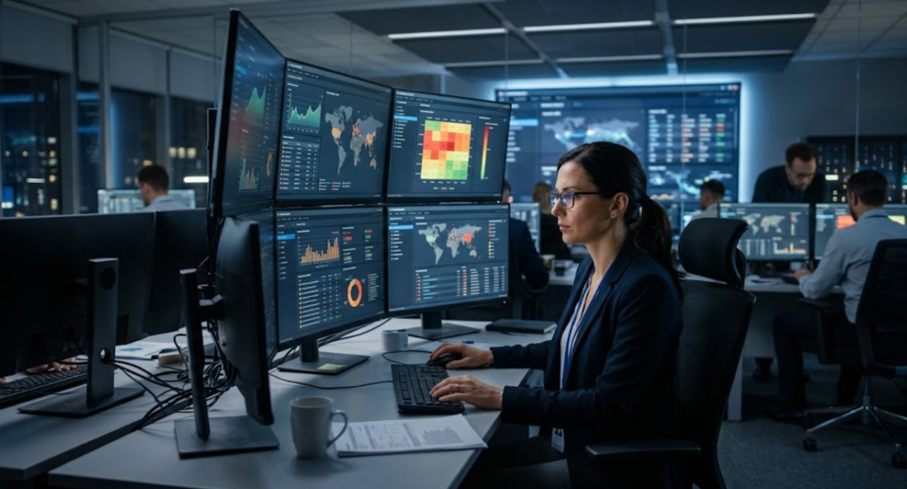 A corporate software inspector analyzing data on multiple monitors.