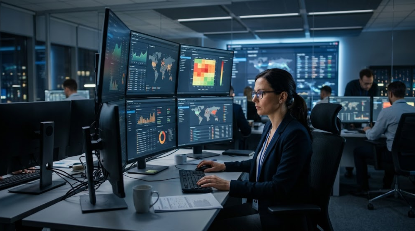 A corporate software inspector analyzing data on multiple monitors.