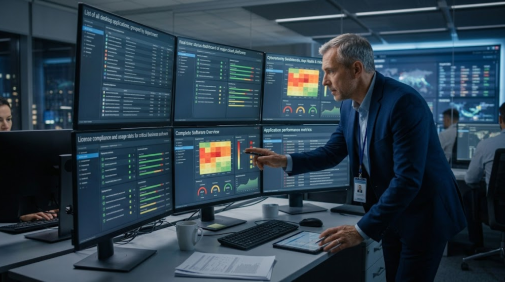 A corporate software inspector analyzing data on dual screens.