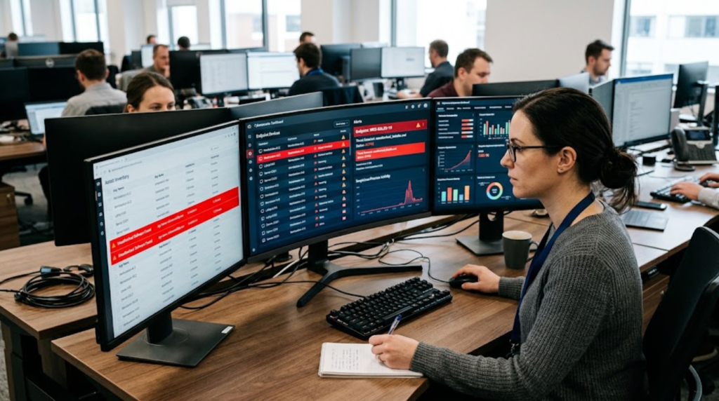 A corporate software inspector works in a busy open office.