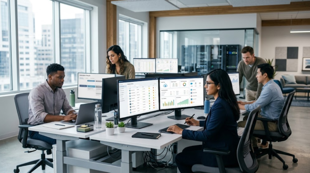 A corporate software inspector works in a bright modern team.