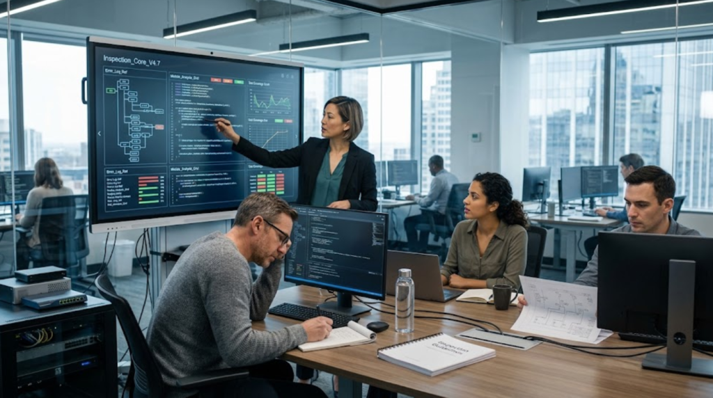 A corporate software inspector presenting code data to team.