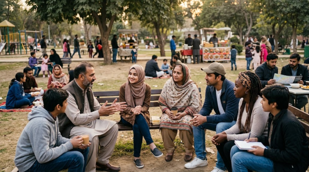 Overtona Logs capture people talking in a park.