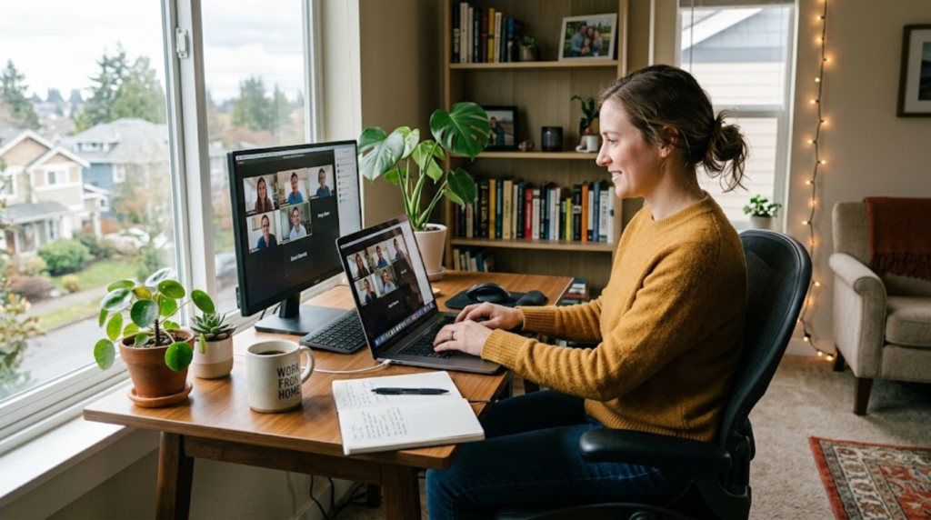 Overtona Logs show a woman working on a video call.
