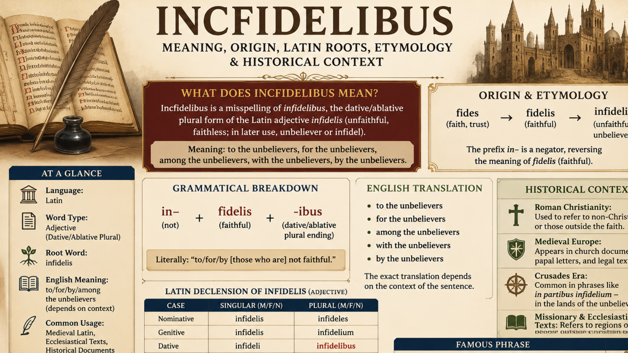 Incfidelibus meaning with Latin roots, etymology, grammar, and historical context illustrated in a manuscript-style graphic.