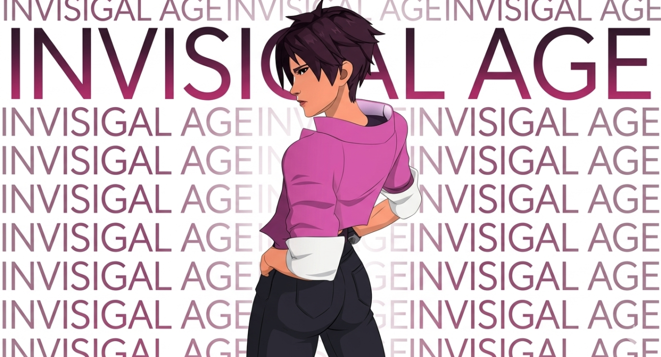 Character standing before a background pattern reading Invisigirl Age.