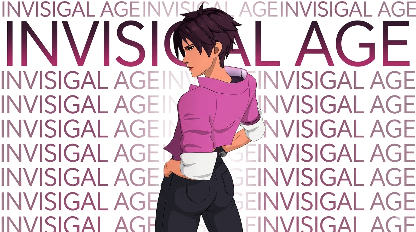 Character standing before a background pattern reading Invisigirl Age.