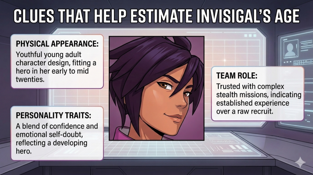 Infographic detailing invisigirl age analysis clues for an animated character.