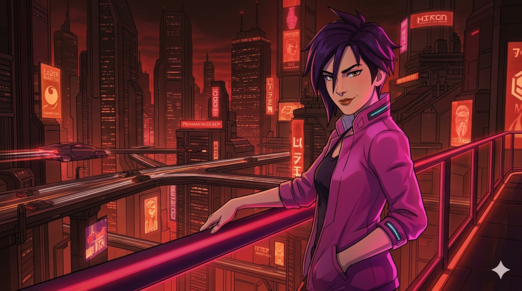 Purple haired woman in a pink jacket on a neon red city balcony.