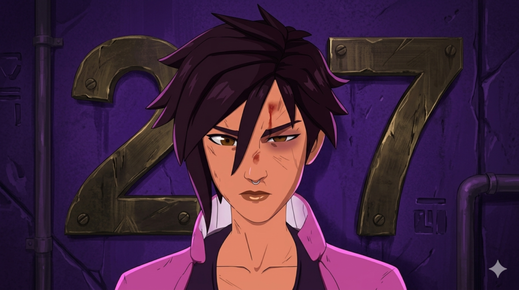 Injured purple-haired character in front of the number 27.