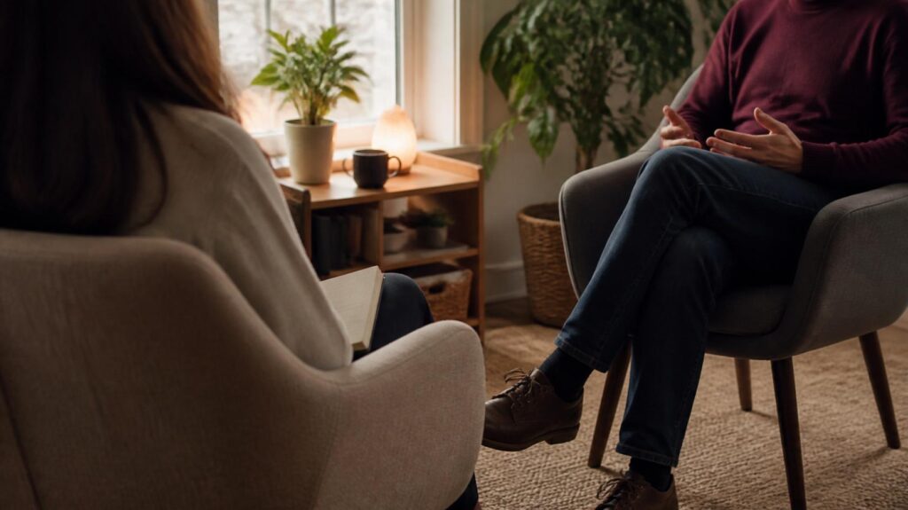 Therapist and patient in a supportive counseling conversation