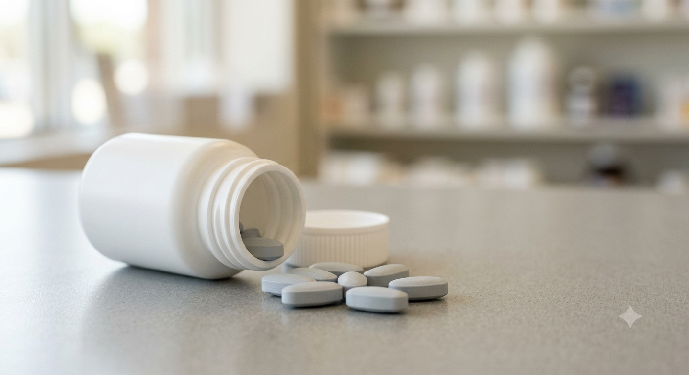 Prescription medication bottle and pills on a clean clinical surface, representing amphetamine-based ADHD treatment