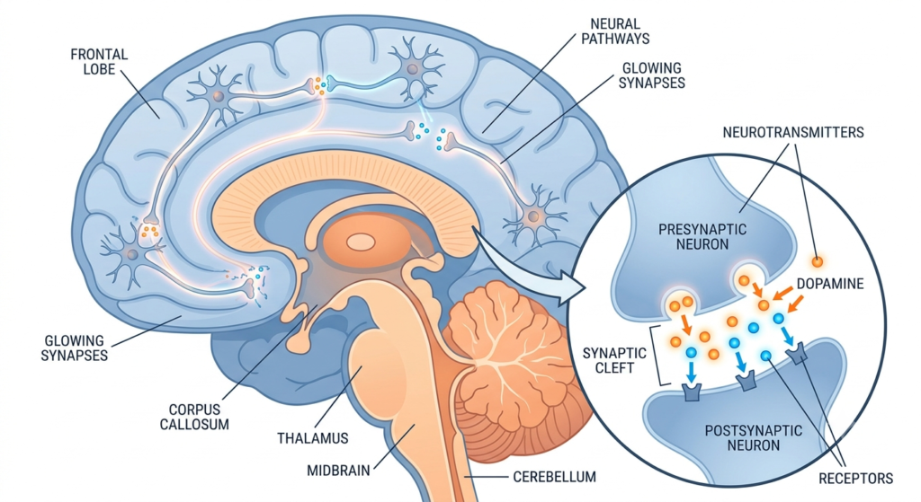 Amfetamiin Simplified illustration of neurotransmitter activity in the brain, showing dopamine and norepinephrine signaling