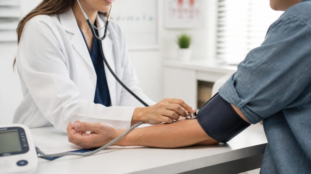 Doctor reviewing a patient's heart health and vital signs during a checkup