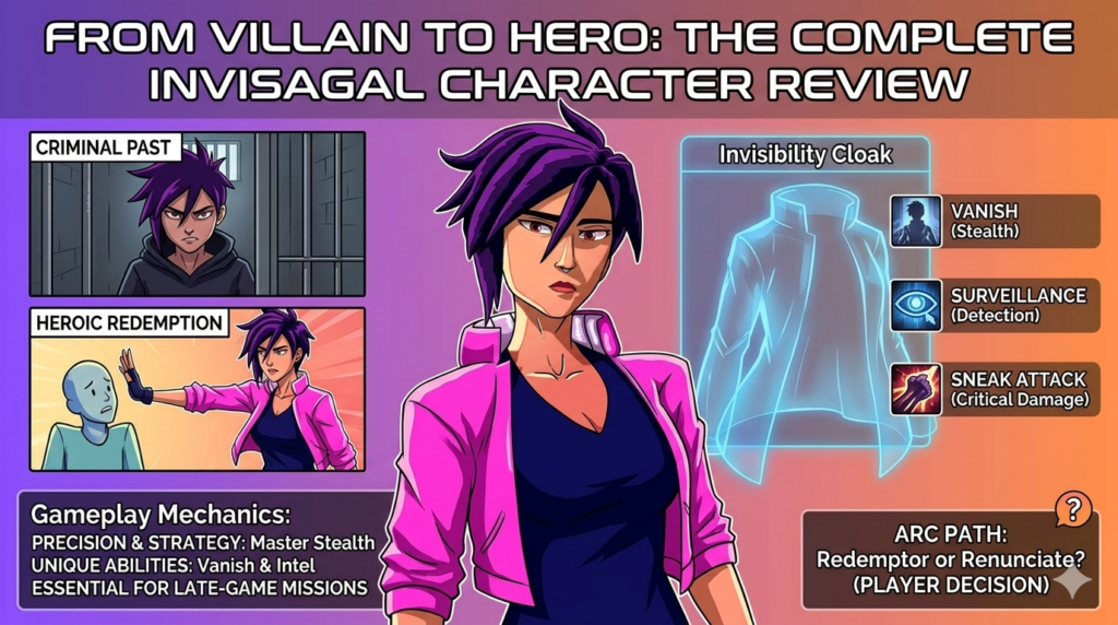 Invisabitch character review infograph with stealth stats.