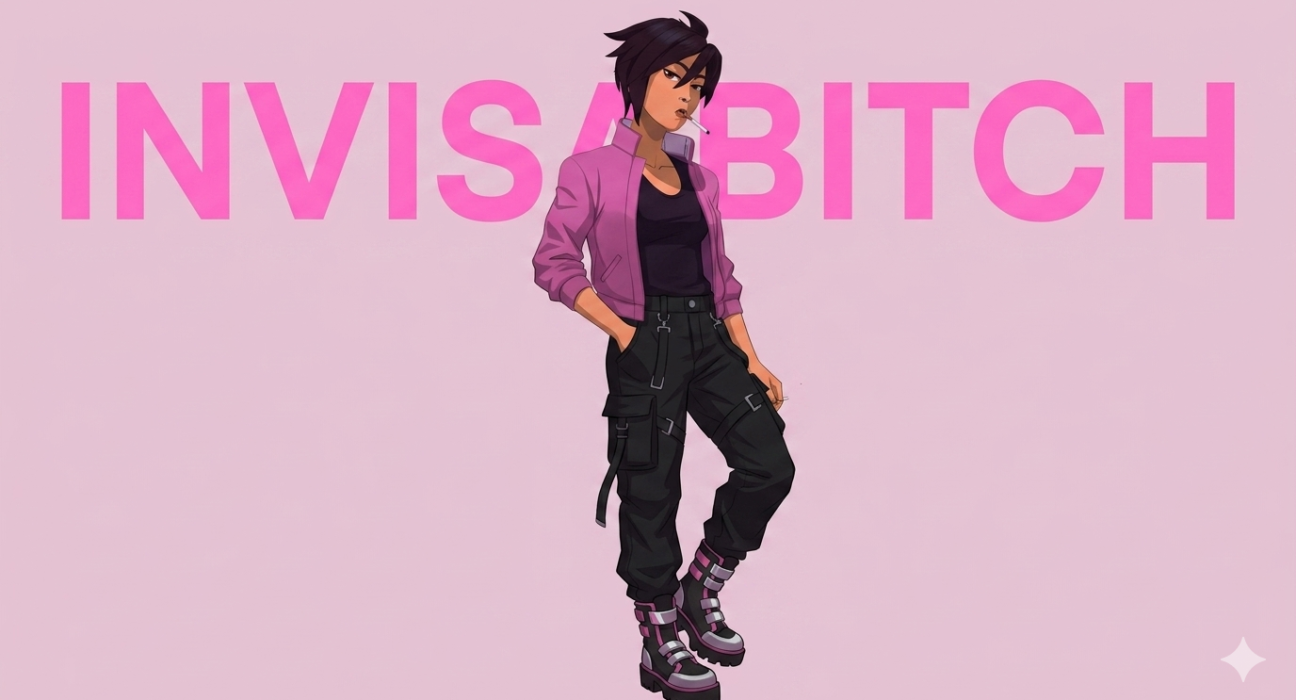 Full body art of Invisabitch with background text.