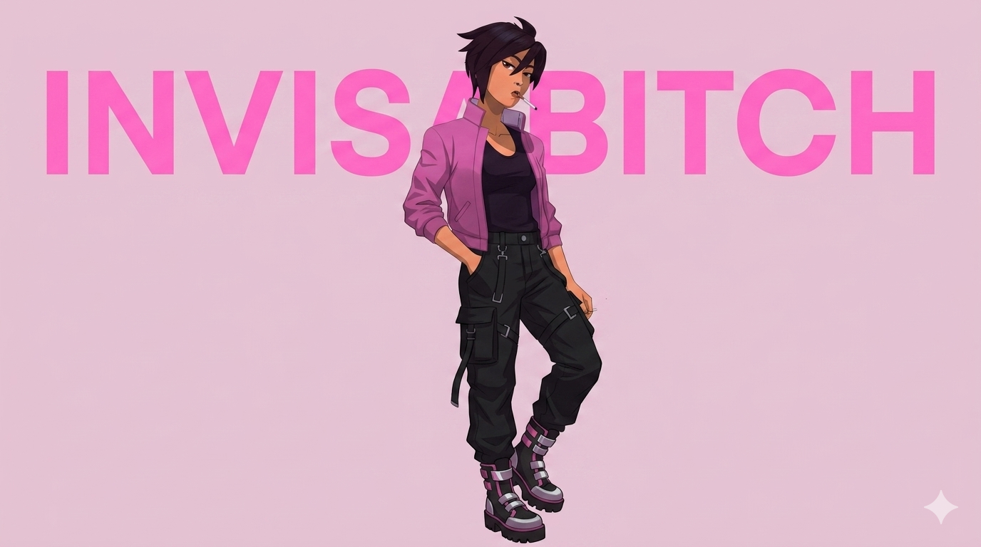 Full body art of Invisabitch with background text.