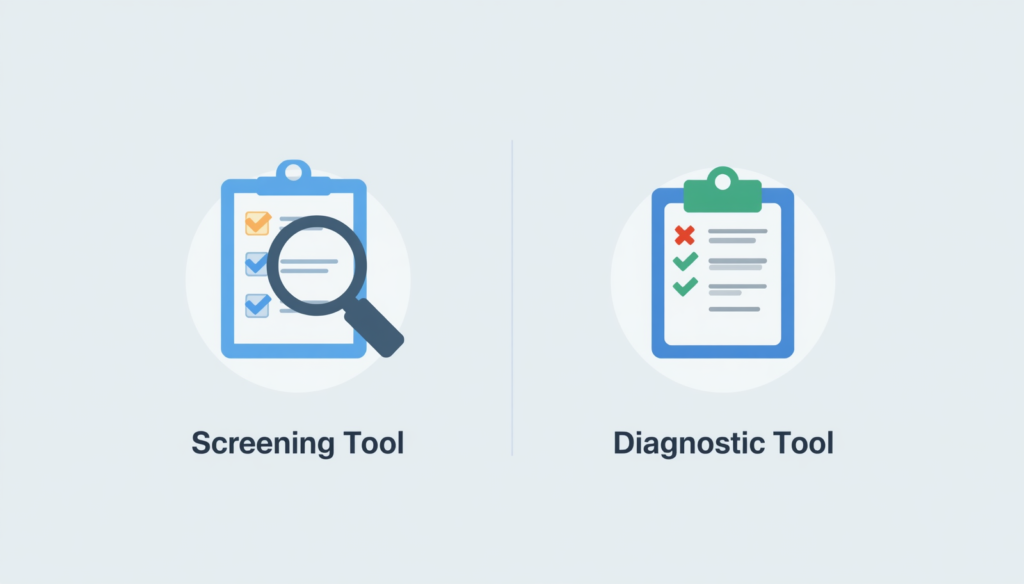 Comparison graphic showing the difference between a screening tool and a diagnostic tool