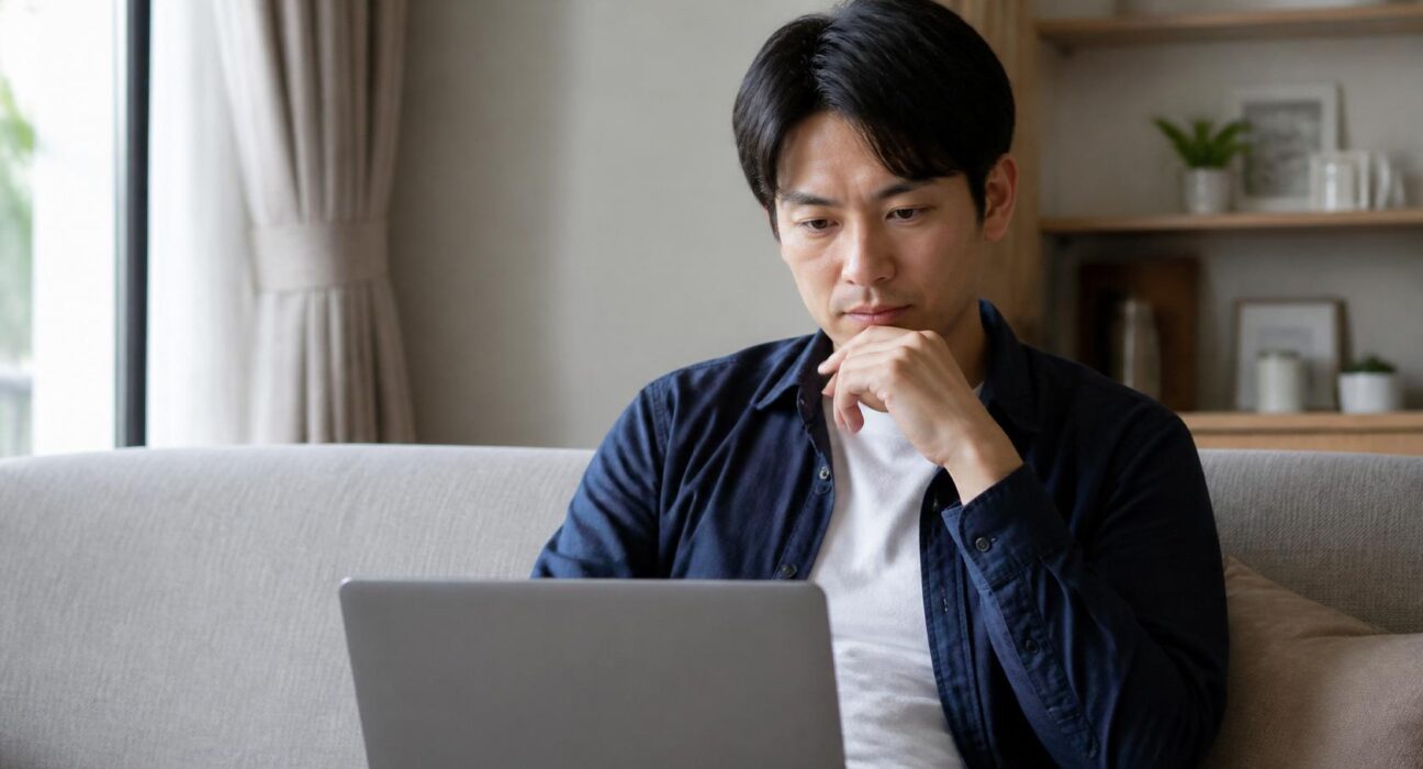 Person thoughtfully reviewing a BPD test on a laptop at home