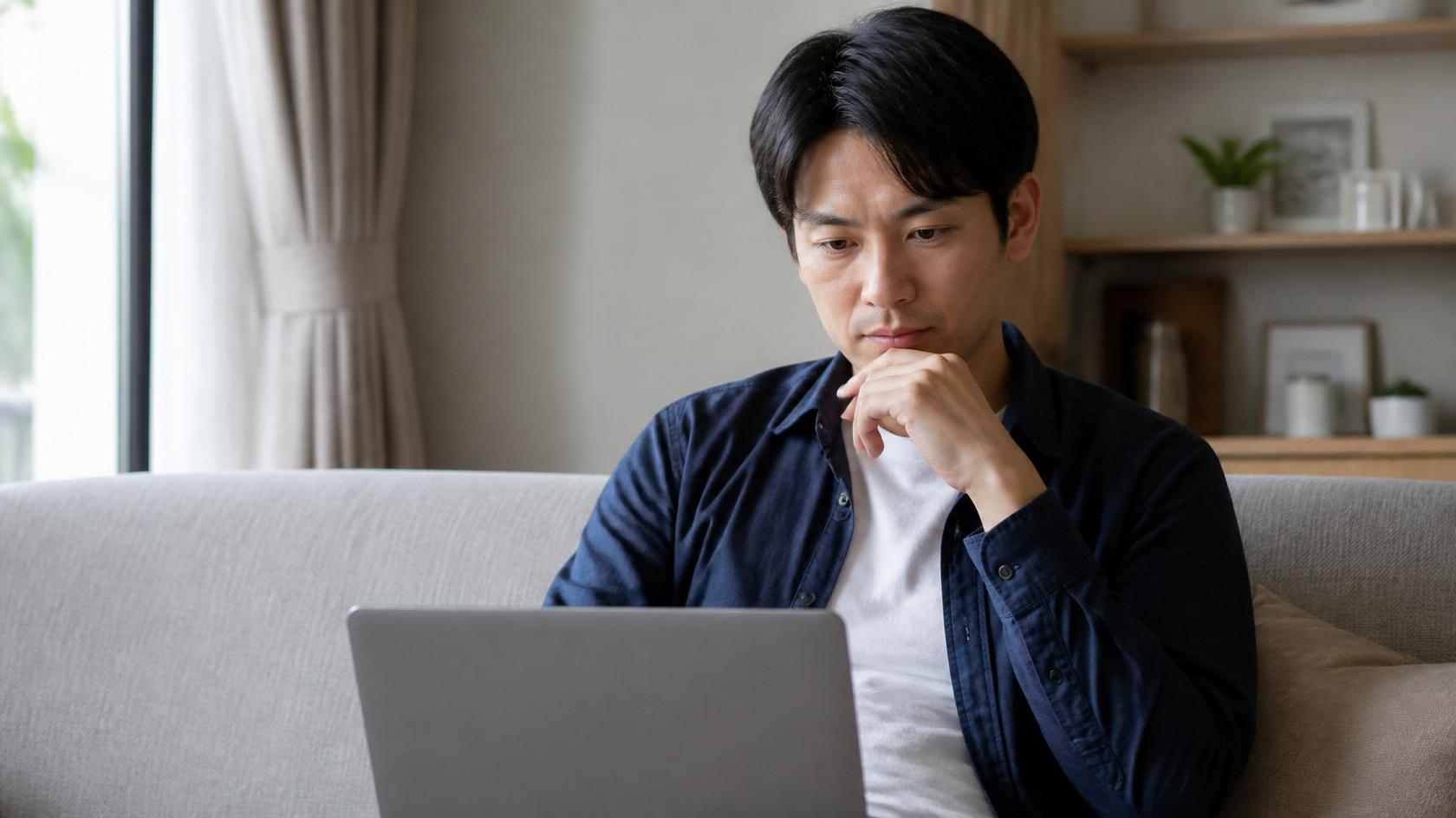 Person thoughtfully reviewing a BPD test on a laptop at home