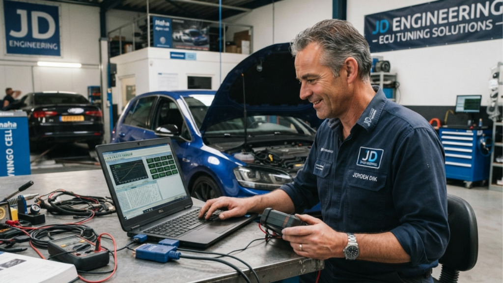 Jeroen Dik using a laptop and diagnostic equipment to perform ECU engine tuning on a blue car at JD Engineering workshop.