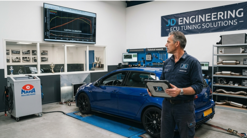 Jeroen Dik holding a tablet while monitoring a blue car undergoing dyno testing at the JD Engineering tuning facility.