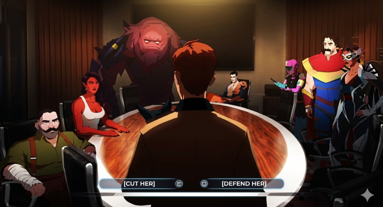 Sci-fi conference room with a decision interface.