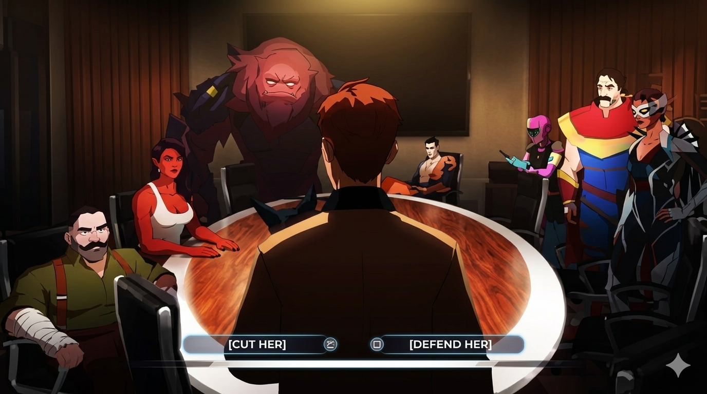 Sci-fi conference room with a decision interface.