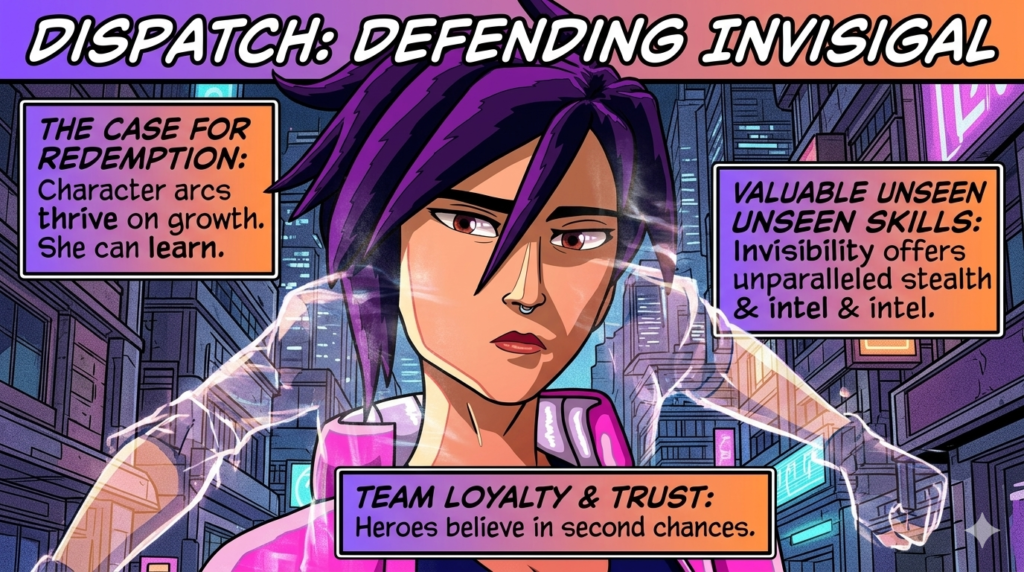 Comic art of a purple-haired woman with text overlays.
