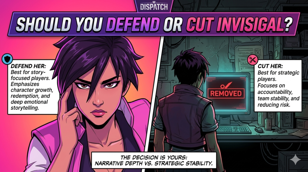 Split screen graphic comparing team choices for Invisigal.