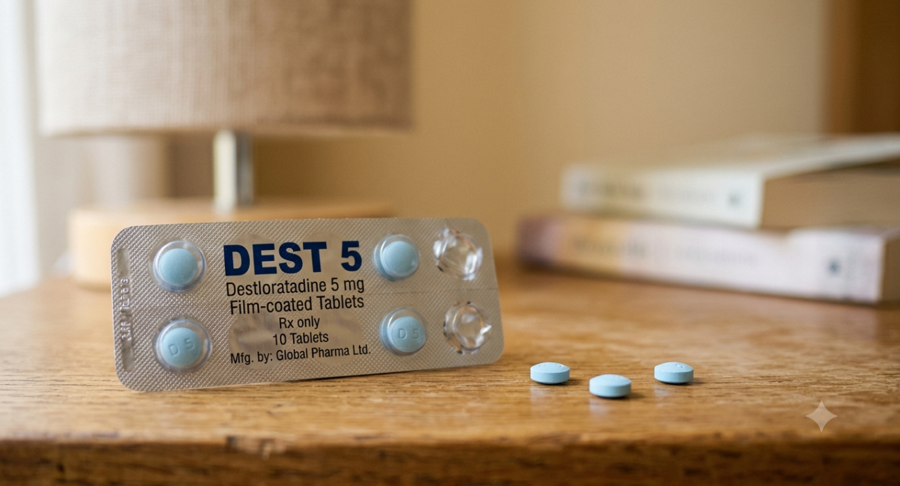 Dest 5 Tablet pack containing desloratadine 5 mg used for allergy relief and chronic hives.