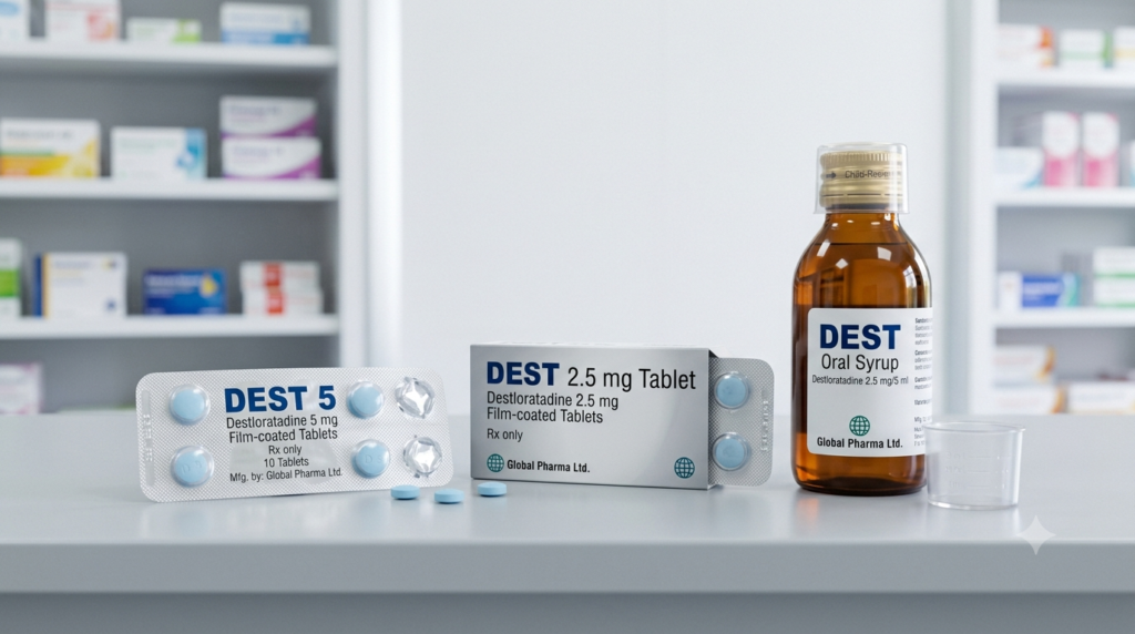 Dest 5 Tablet with desloratadine for treating sneezing, itching, hives, and seasonal allergies.