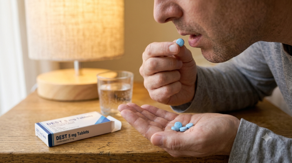 Close-up image of Dest 5 Tablet used to relieve allergy symptoms with 24-hour antihistamine action.