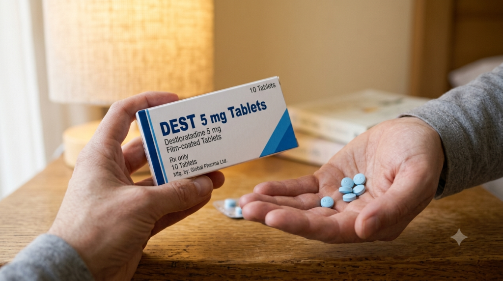Blister pack of Dest 5 Tablet, an antihistamine medicine for allergic rhinitis and skin allergies.