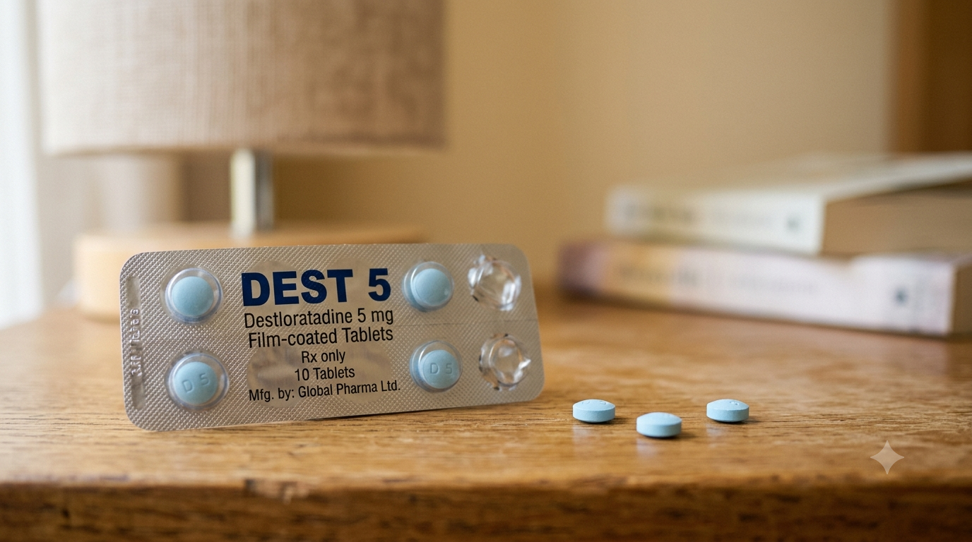 Dest 5 Tablet pack containing desloratadine 5 mg used for allergy relief and chronic hives.
