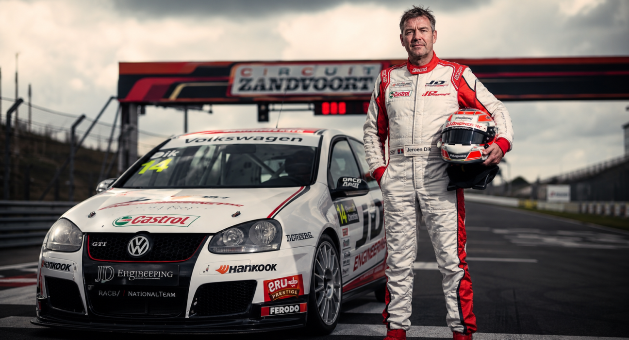 Race car driver Jeroen Dik standing in full racing gear beside his white Volkswagen Golf GTI at Circuit Zandvoort.