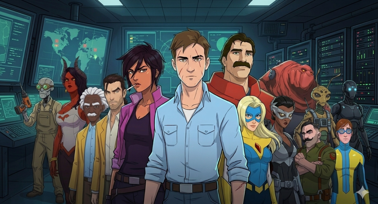 Group lineup of Dispatch game characters with brown hair Robert.