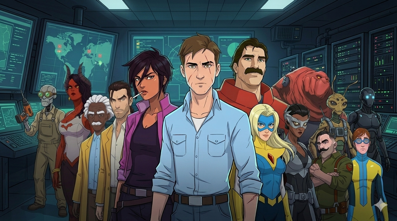 Group lineup of Dispatch game characters with brown hair Robert.