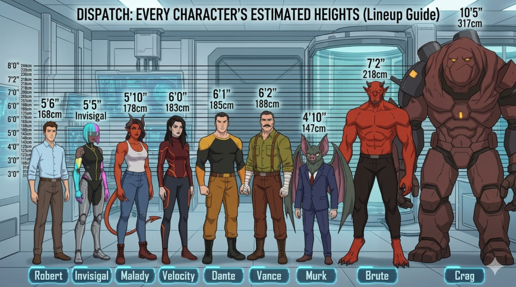 Dispatch Character Heights comparison lineup chart.