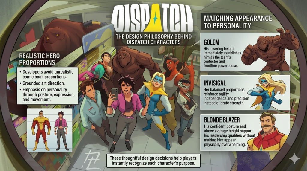 Dispatch game design philosophy infographic with hero poses.