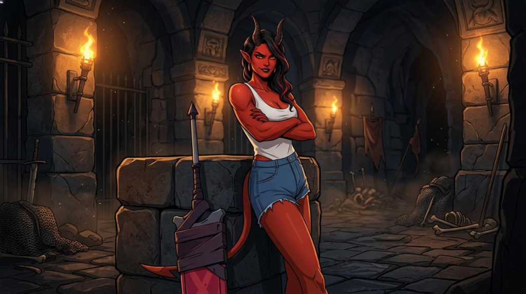 Female sorceress Malevola Dispatch in her signature outfit with glowing effects