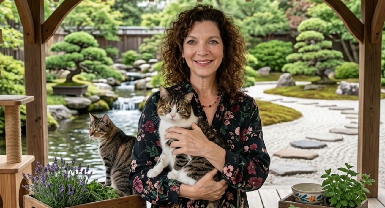 Woman holding a tabby cat in a Japanese garden sanctuary.