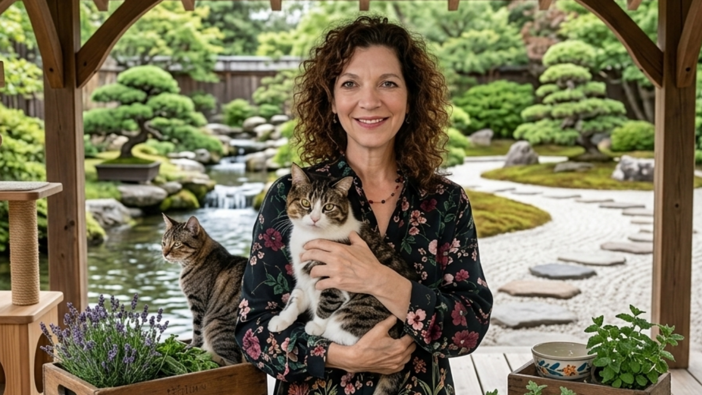 Woman holding a tabby cat in a Japanese garden sanctuary.